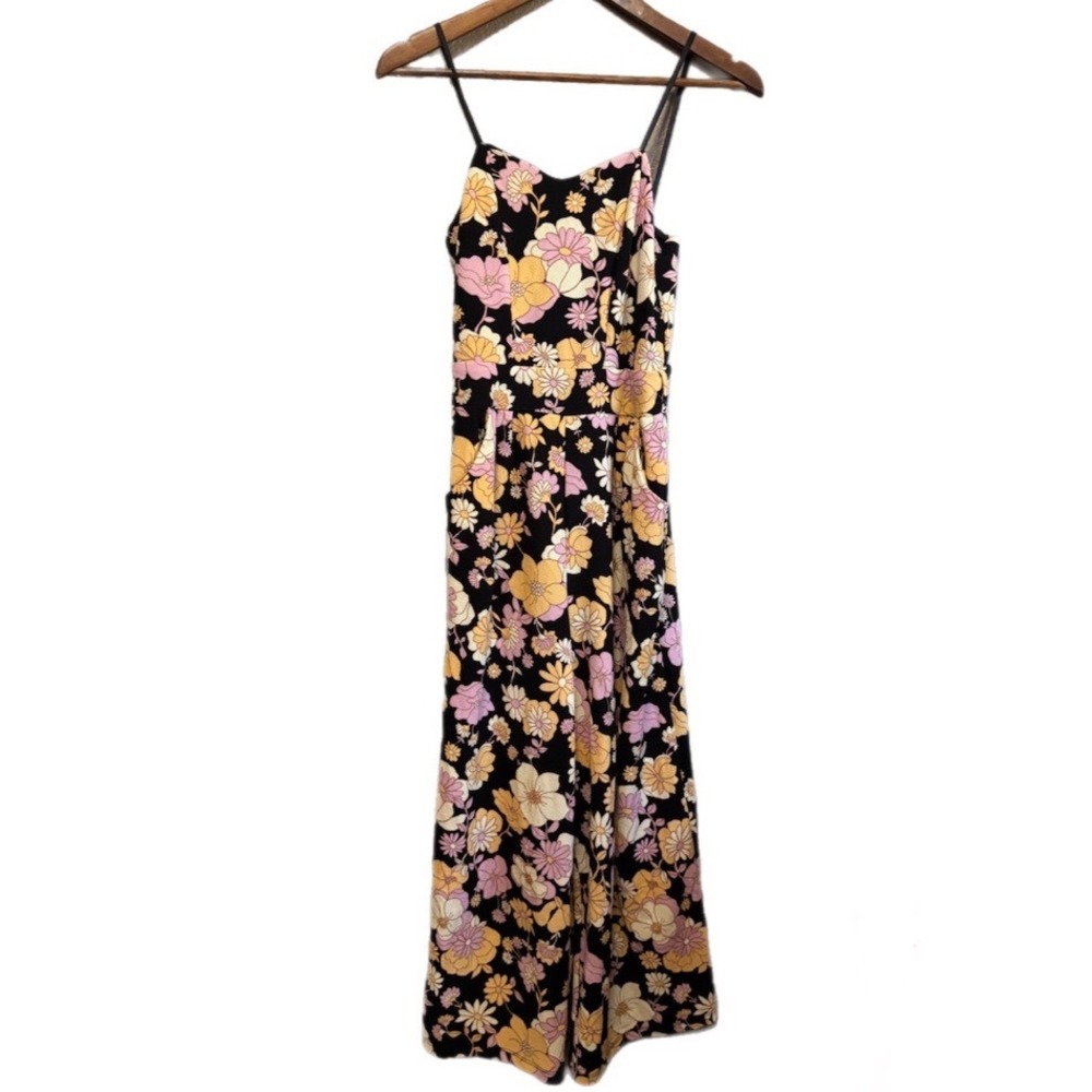 Emerald Sundae Jumpsuit Womens XS Black Pink Floral Retro Wide Leg Excellent